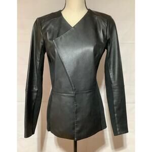 H by Halston Sz 8 soft black leather open front jacket w/ knit stretch sides